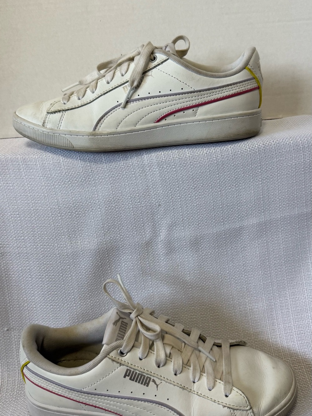 Puma Men’s White Leather Sneakers with Pink & Yellow Accents